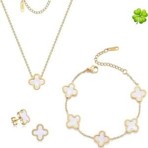 18k Gold Plated 3pc Lucky Clover Earring Necklace Bracelet Jewelry Set Ticvrss